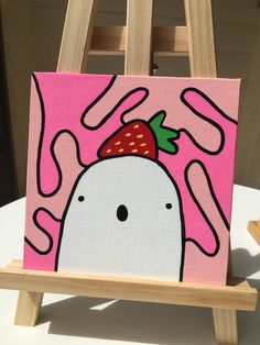 a painting of a white dog with a strawberry on it's head sitting in front of a pink background