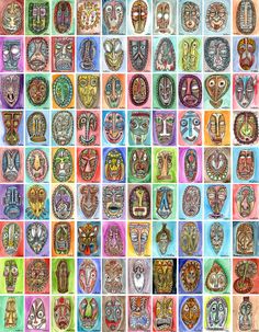 many masks are arranged in rows on a multicolored background, each with different designs