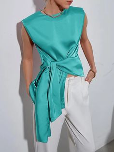 Chic Sleeveless Round-neck Vest Top with Asymmetric Knot Detail Loose Tank Tops, Fashion Tops Blouse, Looks Party, Tie Front Top, Mint Blue, Front Tie Top, Daily Dress, Beautiful Blouses, Sleeveless Vest