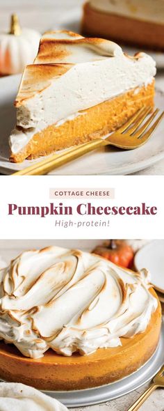 a slice of pumpkin cheesecake with whipped cream on top and the title overlay reads cottage cheese pumpkin cheesecake