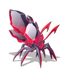 a red and black crab on a white background