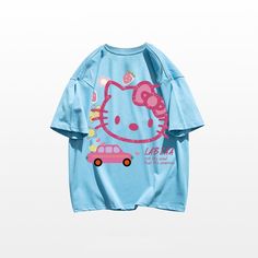 Stay Cute and Stylish with Hello Kitty in our Kawaii Sanrio Hello Kitty T-Shirt! 🐱👕 🌟 Adorable and Playful: This t-shirt is perfect for adding a touch of charm and cuteness to your everyday outfits. Ideal for fans of Hello Kitty and those who adore the Sanrio universe. ✨ Superior Quality: Crafted with precision to ensure top-notch quality. Designed with a comfortable fit and featuring a delightful Hello Kitty design. 💫 Hello Kitty Charm: Enjoy the delightful presence of Hello Kitty, the belo Trendy Cotton T-shirt With Hello Kitty Print, Playful Hello Kitty T-shirt For Summer, Kawaii Pink Cat Design T-shirt, Kawaii Pink T-shirt With Cat Design, Blue Harajuku Style Short Sleeve T-shirt, Harajuku Style Tops With Hello Kitty Print, Trendy Pink Hello Kitty T-shirt, Harajuku Style Hello Kitty Print Top For Streetwear, Casual Cotton T-shirt With Cute Design