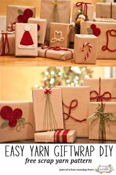 several wrapped presents with ribbons and bows are shown in three different pictures, one is for the