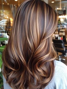 Stunning Fall Highlights for Brown Hair: Ideas to Elevate Your Autumn Look Brunette With Highlights And Layers, Fall Hair With Highlights And Lowlights, Caramel Tips On Brown Hair, Fall Brunette Hair With Highlights, Hair Styles With Highlights Ideas, Long Brown Fall Hair, Blonde Blended Highlights On Brown Hair, Caramel Hair With Honey Highlights, Caremark Highlights