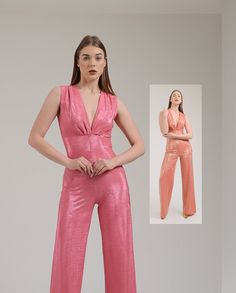 a woman in pink jumpsuits standing next to an image of the same person