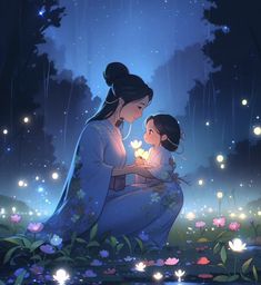 a mother and child are sitting in the rain at night with lanterns floating above them