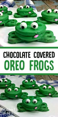 chocolate covered oreo frogs on a white plate