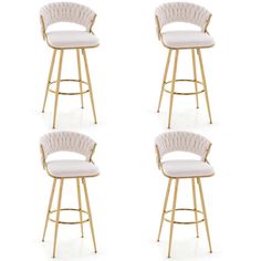 four white bar stools with gold legs and backrests, all in different styles