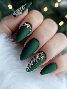 Green Christmas Nails 2025: Festive Nail Art Ideas to Spark Holiday Cheer Matt Green Nails With Gold, Green Nails With Christmas Tree, Evergreen Christmas Nails, Matt Christmas Nails, Light Green Christmas Nails, Green And Gold Holiday Nails, White And Green Christmas Nails, Green New Years Nails, Matte Green Christmas Nails