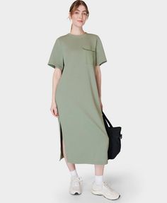 Our new, throw-on maxi dress that's perfect for travel days. Made from a soft and breathable cotton blend. Oversized fit for comfortable all-day wear. Front length: 125cm /49". Model wears size S and is 178cm/5'10" tall. Style Code: SB9749Colour: Savannah Green Oversized Cotton T-shirt Dress For Loungewear, Cheap Relaxed Fit T-shirt Dress With Crew Neck, Green Cotton Casual T-shirt Dress, Cheap Relaxed Fit Crew Neck T-shirt Dress, Green Cotton Crew Neck T-shirt Dress, Swimwear Sets, Sweaty Betty, Running Leggings, Yoga Clothes