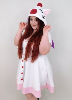 Moogle Inspired Kigurumi Dress Cute Costume Dress For Cosplay Events, White Kawaii Dress For Halloween, Cute White Dress For Cosplay Events, Cute White Dresses For Cosplay, Cute White Cosplay Costume For Events, Cute Halloween Cosplay Costume, Cute Purple Halloween Dress, White Cotton Halloween Dress, Cute White Halloween Costume