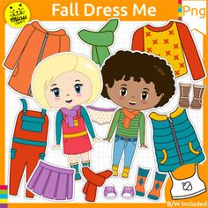 Create fall/autumn clothing resources with this Dress up kids clipart set, which has 180 total images! You can create with 12 different children (same in my spring, and summer dress me - products) and a great variety of clothes in different colors. All images have been created to fit the paper dolls included in the set. Multicultural kids with different skin colors, hair, and eyes. You can see the designs in the 4th thumbnail.* You will have to resize images a little to fit the clothes, please e Different Skin Colors, Overall Skirt, Colors Hair, Autumn Clothing, Skin Colors, Kids Clipart, Girl Clipart, Autumn Dress, Art Dress