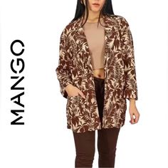 Mango Linen Blend Caramel/Brown Leaf Print Open Front Side Pockets Oversized Jacket Size Xxs Nwt Linen Blend Color: Caramel/Brown Leaf Print Open Front Side Pockets Very(!!) Oversized , Could Easily Fit Up To Size Medium Jacket Size Xxs . Oversized!!! Ptp 19” Sleeve 18.5” Length 30” Nwt Trendy Brown Long Sleeve Outerwear, Casual Oversized Beige Blazer, Trendy Brown Outerwear With Pockets, Brown Outerwear With Pockets For Day Out, Chic Brown Outerwear For Day Out, Casual Brown Long Sleeve Blazer, Brown Fall Outerwear For Day Out, Casual Brown Blazer With Pockets, Trendy Brown Blazer For Fall