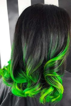 Tips Colored Hair, Black Green Ombre Hair, Black And Green Ombre Hair, Cool Toned Rainbow Hair, Colored Ombre Hair For Brunettes, Ends Colored Hair, Colourful Ombre Hair, Black To Green Ombre Hair, Hair Color Ideas For Dark Hair Ombre