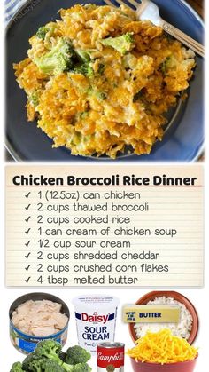 chicken broccoli rice dinner recipe on a blue plate with other food items around it