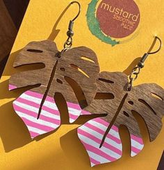 Pink Monstera Earring. Striped for summer! Leaf-shaped Earrings For Summer, Summer Dangle Earrings, Pierced, Summer Brown Dangle Earrings, Brown Earrings For Summer Vacation, Pink Monstera, Jewelry Earrings Dangle, Etsy Earrings, Dangle Drop Earrings, Dangle Earrings