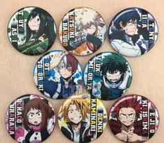 six anime buttons with characters on them