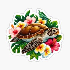 a turtle and flowers sticker on a white background