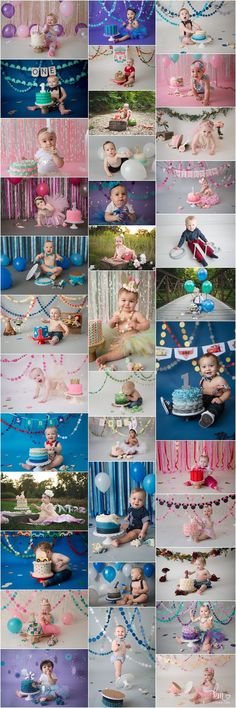 a collage of photos with baby's first birthday cake and other pictures in the background