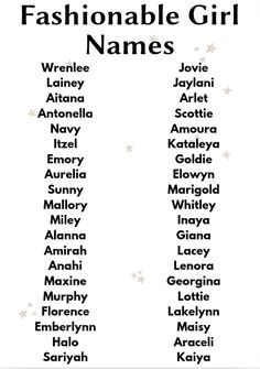 the names of fashionable girl names in black and white, with stars on each side