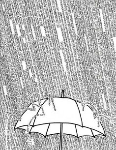 an umbrella is standing in the rain with words all over it that appear to be raining