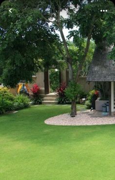 a gazebo sitting in the middle of a lush green yard next to a tree