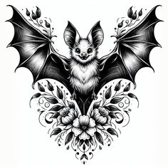 a black and white drawing of a bat with flowers on it's wings,