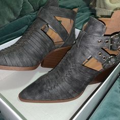 Grey Pointy Toe Whip-Stitch Booties! Casual Fall Heels With Buckle Closure, Trendy Synthetic Booties For Spring, Trendy Spring Synthetic Booties, Casual High Heel Booties With Buckle Closure, Spring Booties With Buckle Closure, Casual Synthetic Booties For Spring, Casual Slip-on Booties For Spring, Spring Casual Slip-on Booties, Trendy Spring Booties With Buckle Closure