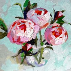 a painting of three pink roses in a vase