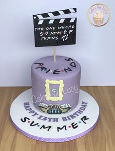 a purple cake with a sign that says, the one where summer turns fortyth birthday