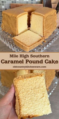 This Mile High Southern Caramel Pound Cake pairs buttery pound cake with delicious homemade hard caramel. Kentucky Pound Cake Recipes, Lemon Cake Squares, Carmel Pound Cake Recipe Homemade, Million Dollar Pound Cake Recipes Butter, Mile High Orange Cranberry Pound Cake, Apple Cake Caramel Icing, Snickerdoodle Pound Cake Recipes For, Glazed Donut Pound Cake, Carmel Glazed Pound Cake