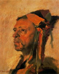 an oil painting of a man wearing a headdress