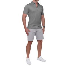 A true athletic fit polo crafted from our buttery soft and breathable stretch pique fabric. This short sleeve puts a modern twist on a classic style and features flattened hemline, leaving you looking and feeling fresh for both casual wear and a great night out. Hidden under the collar buttons to ensure your collar will be standing tall and crisp Care: Machine wash cold. Hang to dry. Fabric: 29% Cotton / 29% Modal / 42% Polyester Model is 6' and 185 lbs. filling out size Medium. Fitted Sporty Polo Shirt For Summer, Casual Stretch Polo Shirt With Short Sleeves, Gray Short Sleeve Sporty Polo Shirt, Gray Sporty Short Sleeve Polo Shirt, Fitted Short Sleeve Polo Shirt For Business Casual, Stretch Short Sleeve Polo Shirt, Gray Fitted Polo Collar T-shirt, Fitted Gray Polo Collar T-shirt, Gray Collared Polo Shirt For Summer