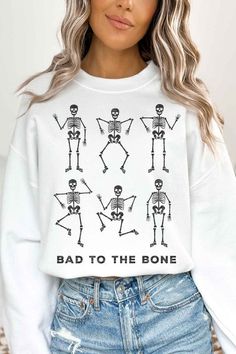 BAD TO THE BONE HALLOWEEN OVERSIZED GRAPHIC SWEATSHIRTPREMIUM COTTONOVERSIZED FIT White Halloween Sweatshirt For Streetwear, White Skull Print Sweatshirt For Streetwear, White Long Sleeve Top With Skull Print, Funny White Sweatshirt For Streetwear, White Graphic Print Sweatshirt For Halloween, Trendy White Halloween Sweatshirt, White Casual Sweatshirt With Skull Print, White Long Sleeve Halloween Sweatshirt, Casual White Sweatshirt With Skull Print