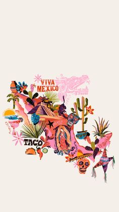 an illustrated map of mexico with colorful flowers, plants and animals on it's side