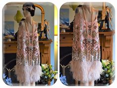 1920s dress Great Gatsby dress flapper gold dress Marabou fur dress Great Gatsby pink dress gold sequin bead dress size UK 10 US 6 Description... --------------------------- This vintage flapper-style dress is a dazzling example of opulence and Art Deco glamour. Entirely adorned with shimmering sequins in a soft pastel pink, the dress radiates sophistication and luxury. Thin, delicate straps lend a graceful touch, while the sequins form striking geometric Art Deco patterns in a rich, rusty gold Great Gatsby Dress, Bead Dress, Great Gatsby Dresses, Flapper Style Dresses, Fur Dress, Gatsby Dress, Flapper Style, 1920s Dress, Dress Gold