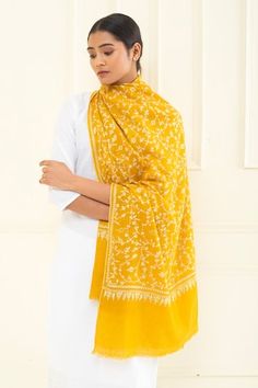 Yellow pashmina stole featuring thread embroidered leafy vine pattern. - Aza Fashions Pashmina Scarves With Chikankari Embroidery, Pashmina Scarf With Chikankari Embroidery, Traditional Drape Scarves With Chikankari Embroidery For Wedding, Wedding Scarves With Chikankari Embroidery, Embroidered Scarves For Eid, Pashmina Shawl With Floral Embroidery, Festive Chikankari Embroidery Scarves, Wedding Scarves With Chikankari Embroidery For Festive Season, Festive Wedding Scarves With Chikankari Embroidery