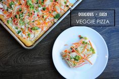 a plate with food on top of it next to a pan filled with broccoli and carrots