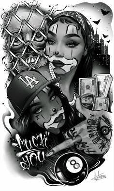 a drawing of two women with makeup on their faces and money in front of them