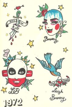 an old school tattoo flash sheet with skulls, stars and clowns on it's face