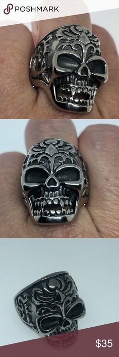 Vintage Skull stainless steel men’s ring Vintage vampire Skull stainless steel men’s ring Very detailed solid ring  About an inch Nemesis Jewelry NYC Accessories Jewelry Black Biker Skull Ring Gift, Black Biker Style Skull Ring As Gift, Black Symbolic Skull Ring For Halloween, Symbolic Black Skull Ring For Halloween, Nyc Accessories, Vintage Vampire, Vampire Skull, Mens Stainless Steel Rings, S Ring