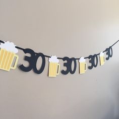 a birthday banner with beer mugs and the number 350 on it, hanging from a string