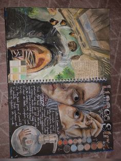 an altered collage of people and animals on a page in a notebook with writing