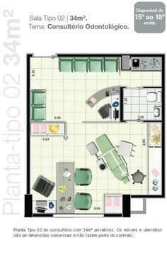 the floor plan for a small apartment with furniture and kitchen area in white, green and black