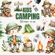 watercolor kids camping clipart set