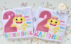 "* A sweet second birthday bodysuit or shirt for girls.   * The design is sewn with a 2 and shark in pink glitter and yellow fabrics * This is personalized with a name.  If you would like \"shark\" after the name, please note that.  ((color changes are welcome ... send us a message))" Birthday Shark Two Two Two, Two Theme Birthday, Shark Clothes, Pink First Birthday, Birthday Bodysuit, Two Two, 2nd Birthday Shirt, Jean Jacket For Girls, Birthday Tutu Outfit