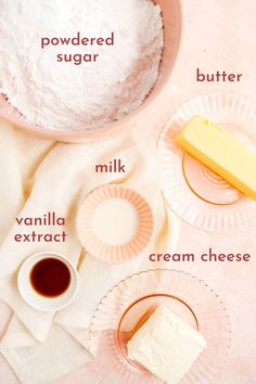 ingredients needed to make an ice cream cake on a pink tablecloth with white paper plates