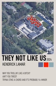 an aerial view of a large building with red dots on it's roof and the words, they not like us