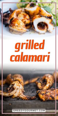 grilled calamari on the grill with text overlay