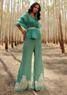 Mishru-Teal Moira Pant And Top Set-INDIASPOPUP.COM Pant And Top Set, Trendy Outfits Indian, Diwali Outfits, Top Satin, Organza Top, Embroidered Belt, Indian Dresses Traditional, Designer Dresses Casual, French Knots